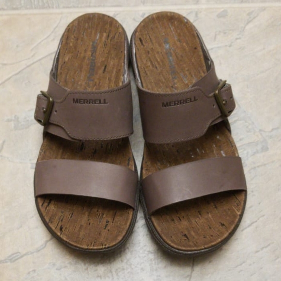 NITB MERRELL Luxe Buckle leather slides in Falcon - Picture 3 of 4
